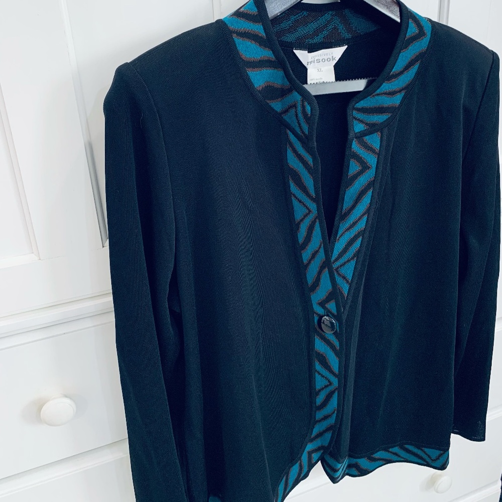 Exclusively Mistook Black Cardigan with Teal Animal Print Border XL